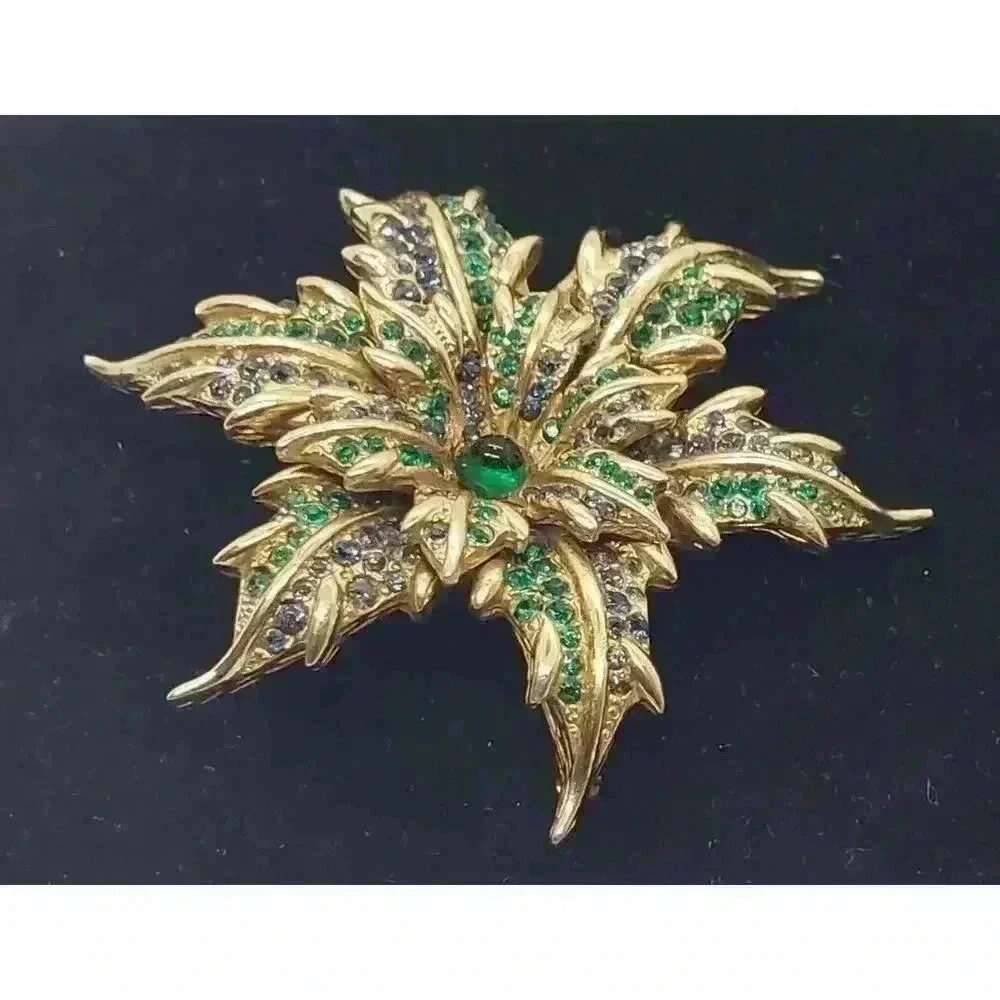 Vintage Flower Brooch Gold With Green & Blue Rhinestones & Cabochon Figural